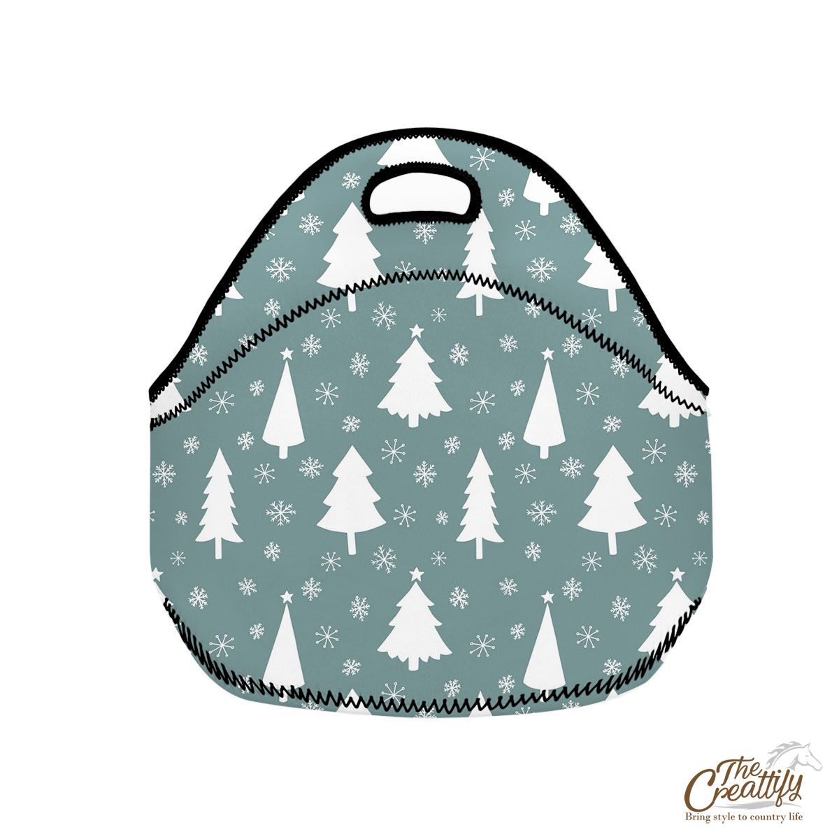 Pine Tree Sillhouette And Snowflake Seamless Pattern Neoprene Lunch Bags