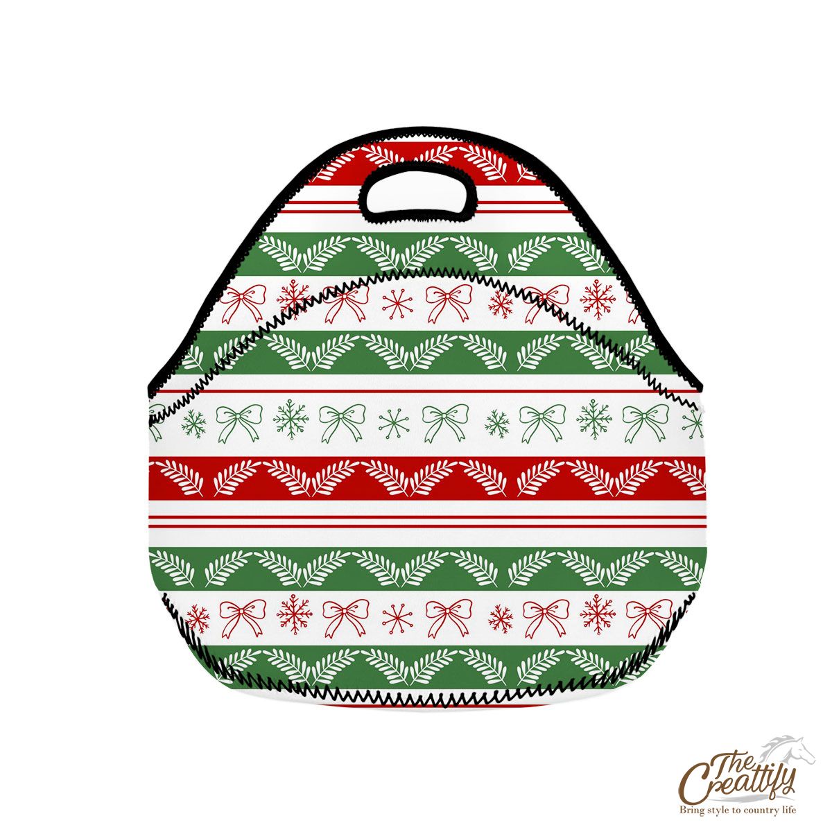 Red And Green Christmas Bow And Snowflake Neoprene Lunch Bags