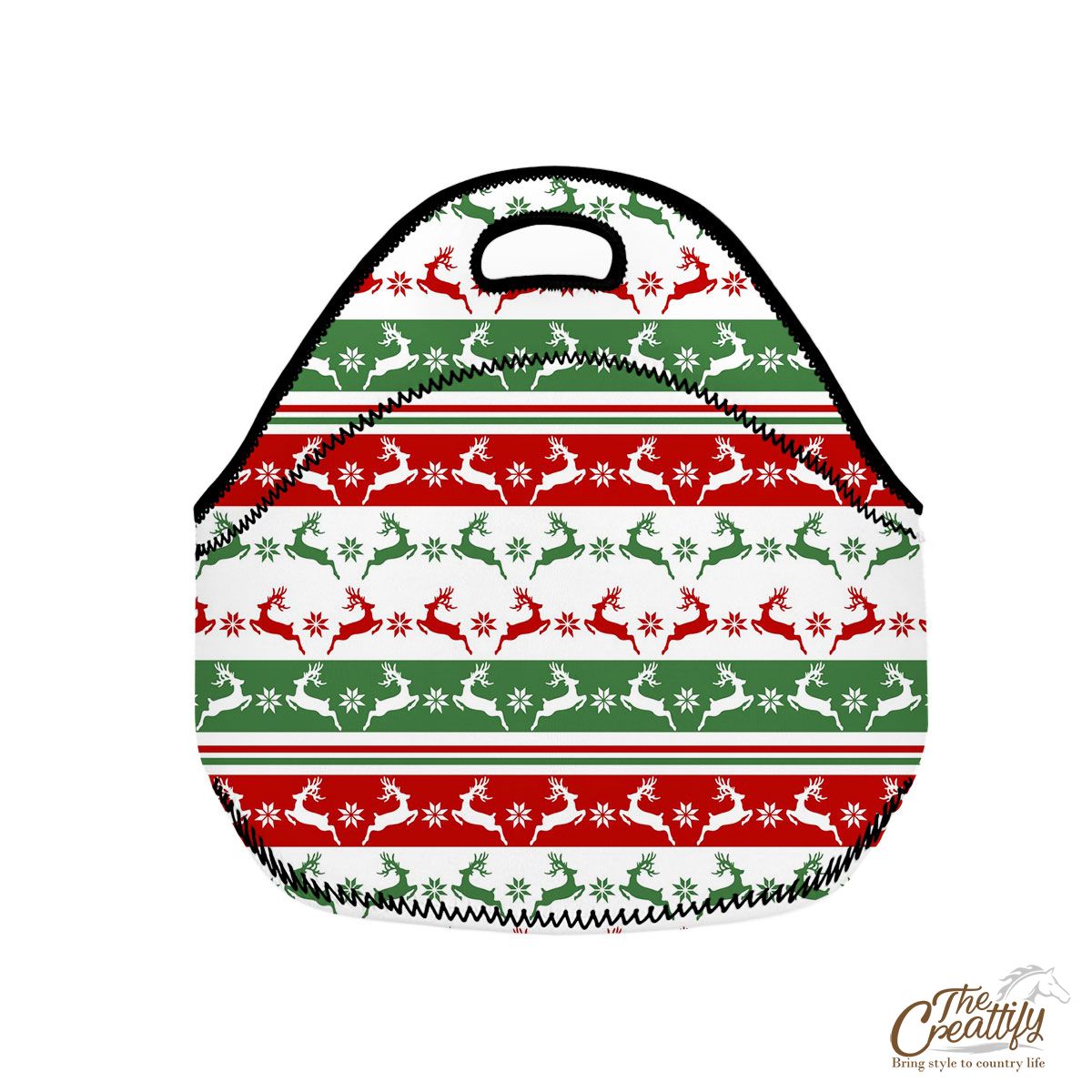 Red And Green Christmas Reindeer And Snowflake Neoprene Lunch Bags