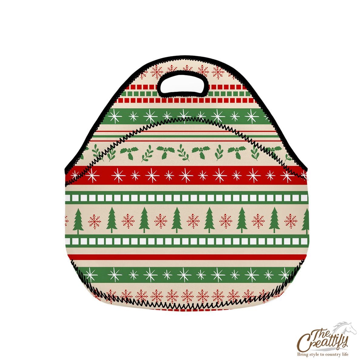 Vintage Red And Green Christmas Tree And Snowflake Neoprene Lunch Bags