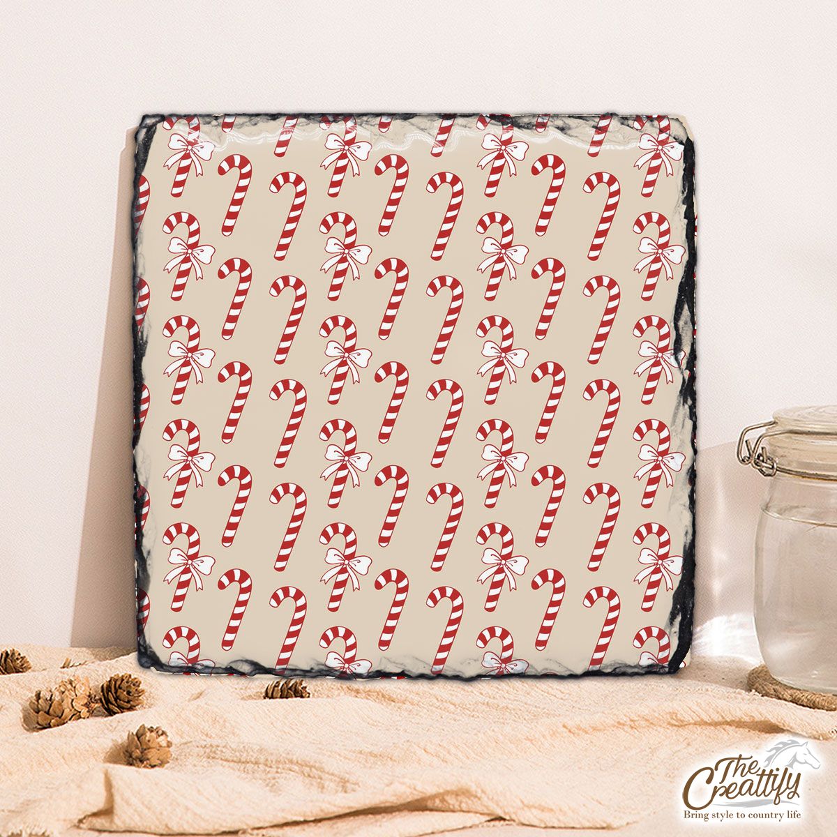Candy Cane Beige Christmas Square Lithograph