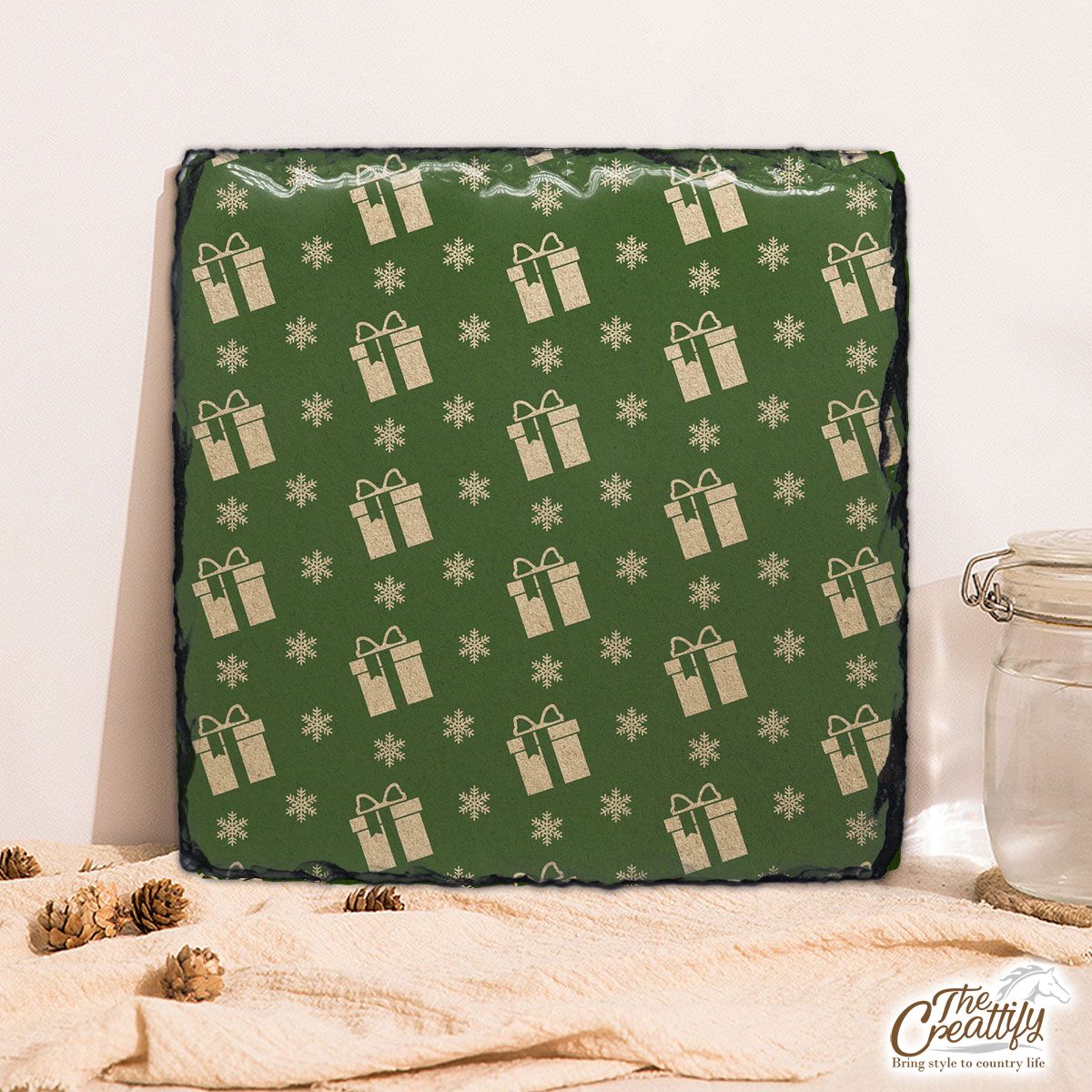 Christmas Presents And Snowflakes Seamless Pattern Green Background Square Lithograph