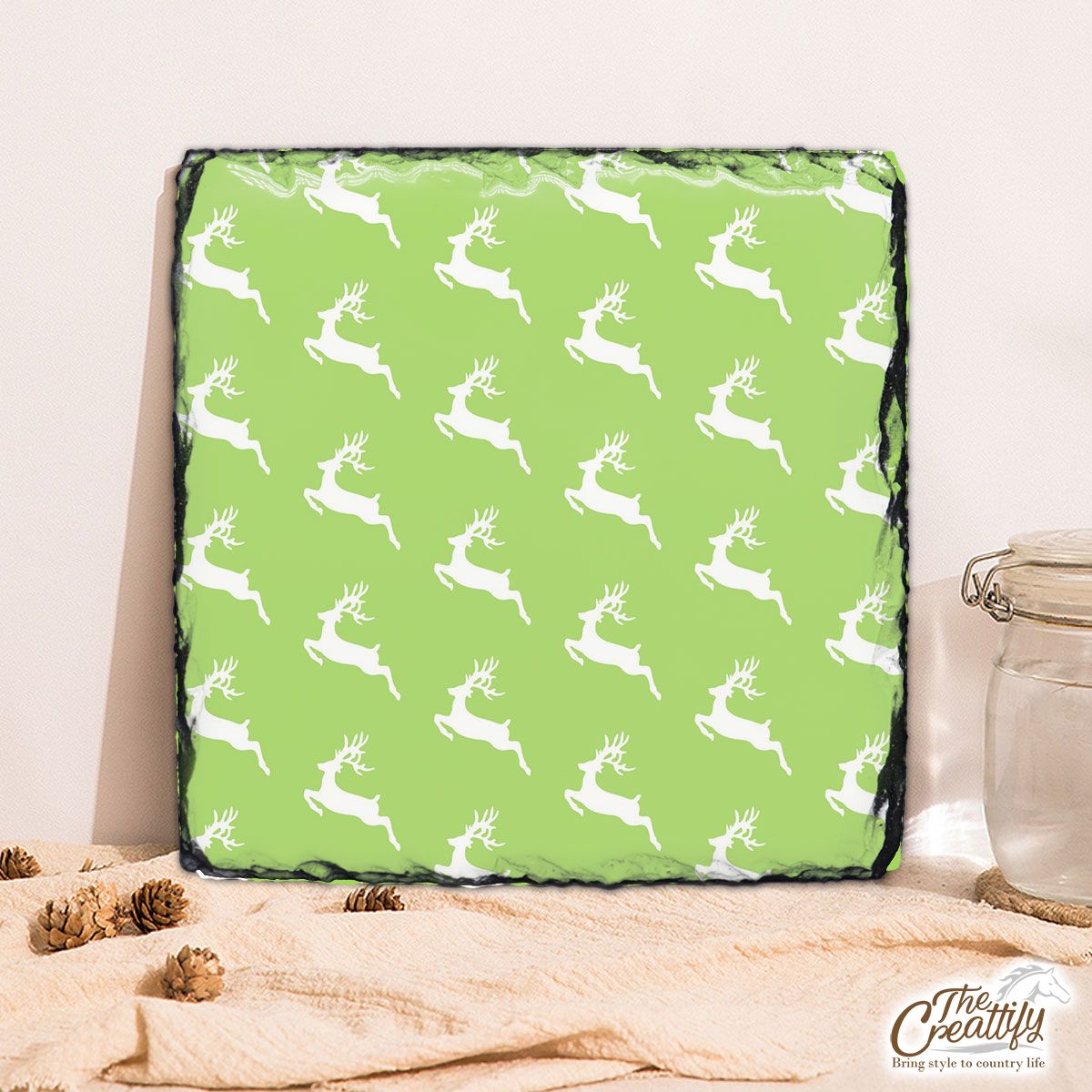 Christmas Reindeer On The Green Background Square Lithograph