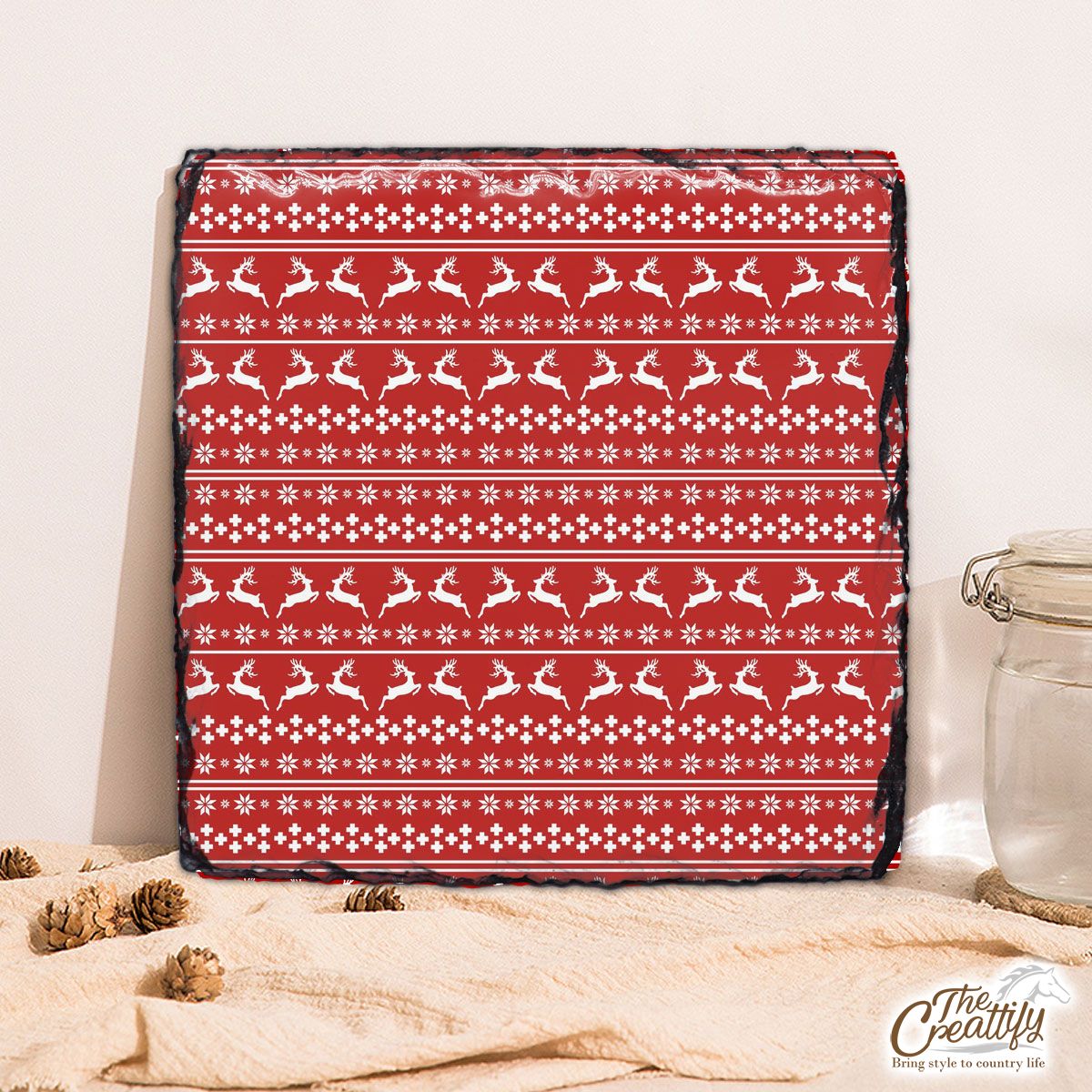 Christmas Reindeer, Snowflake Pattern Square Lithograph