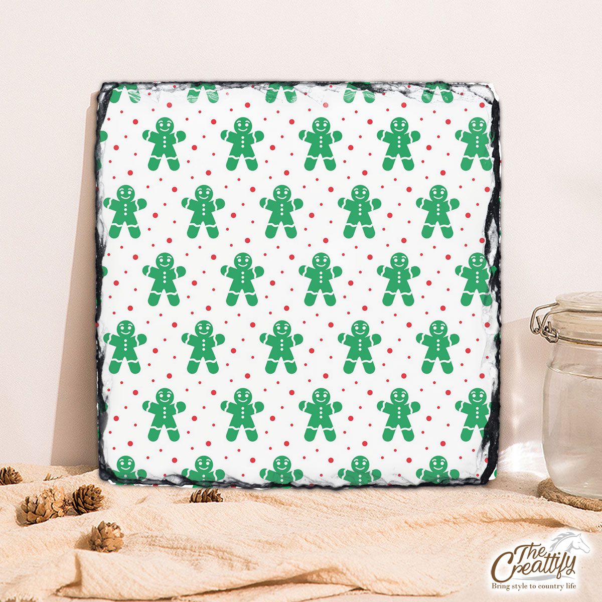 Gingerbread Man Cookies, Christmas Gingerbread Green With Snowflake Background White Square Lithograph