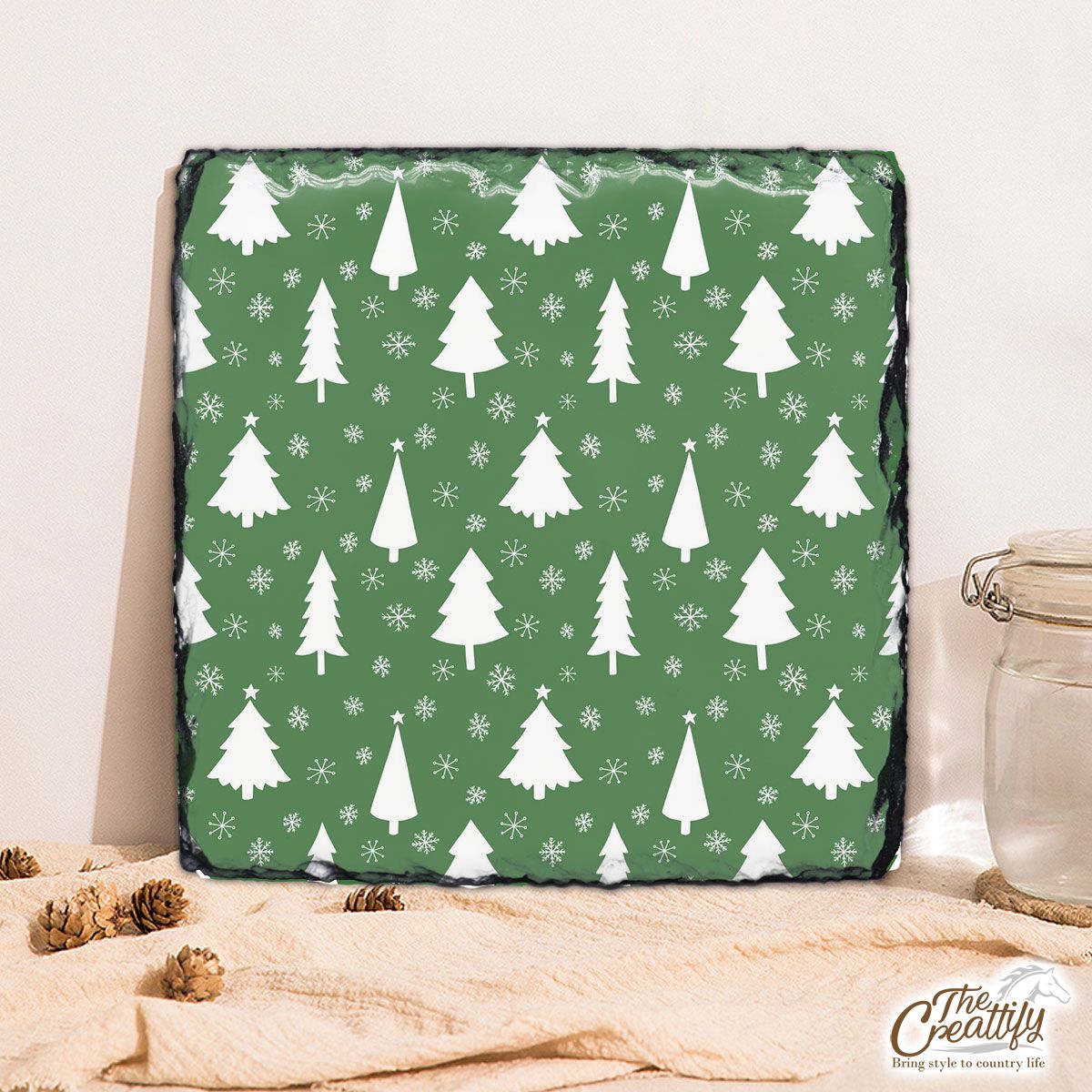 Green And White Christmas Tree With Snowflake Square Lithograph