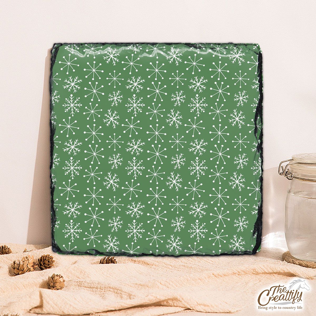 Green And White Snowflake Square Lithograph