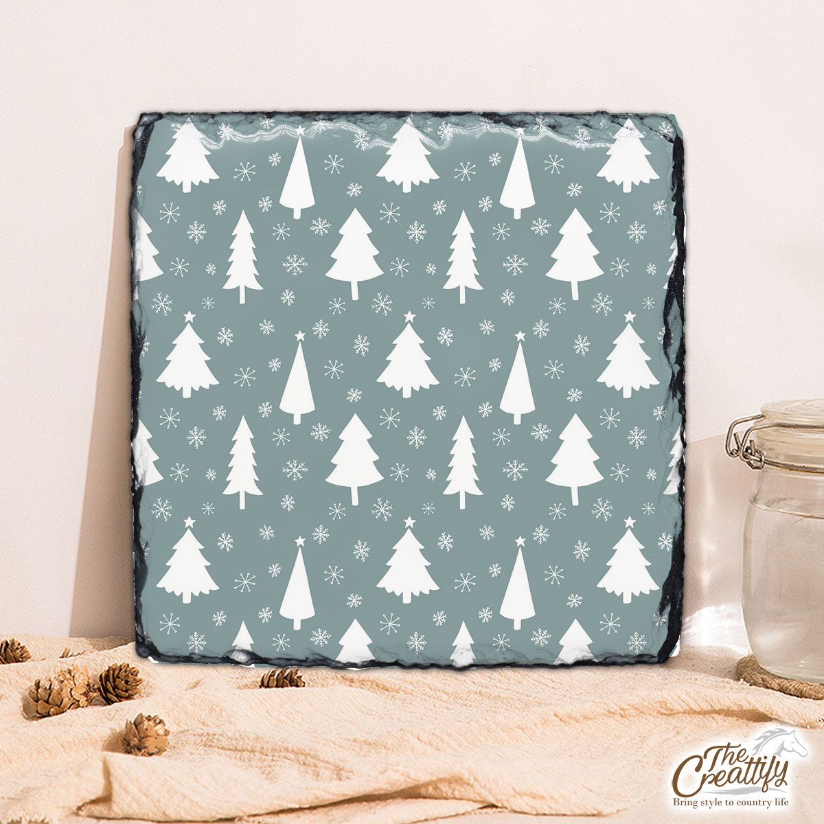 Pine Tree Sillhouette And Snowflake Seamless Pattern Square Lithograph