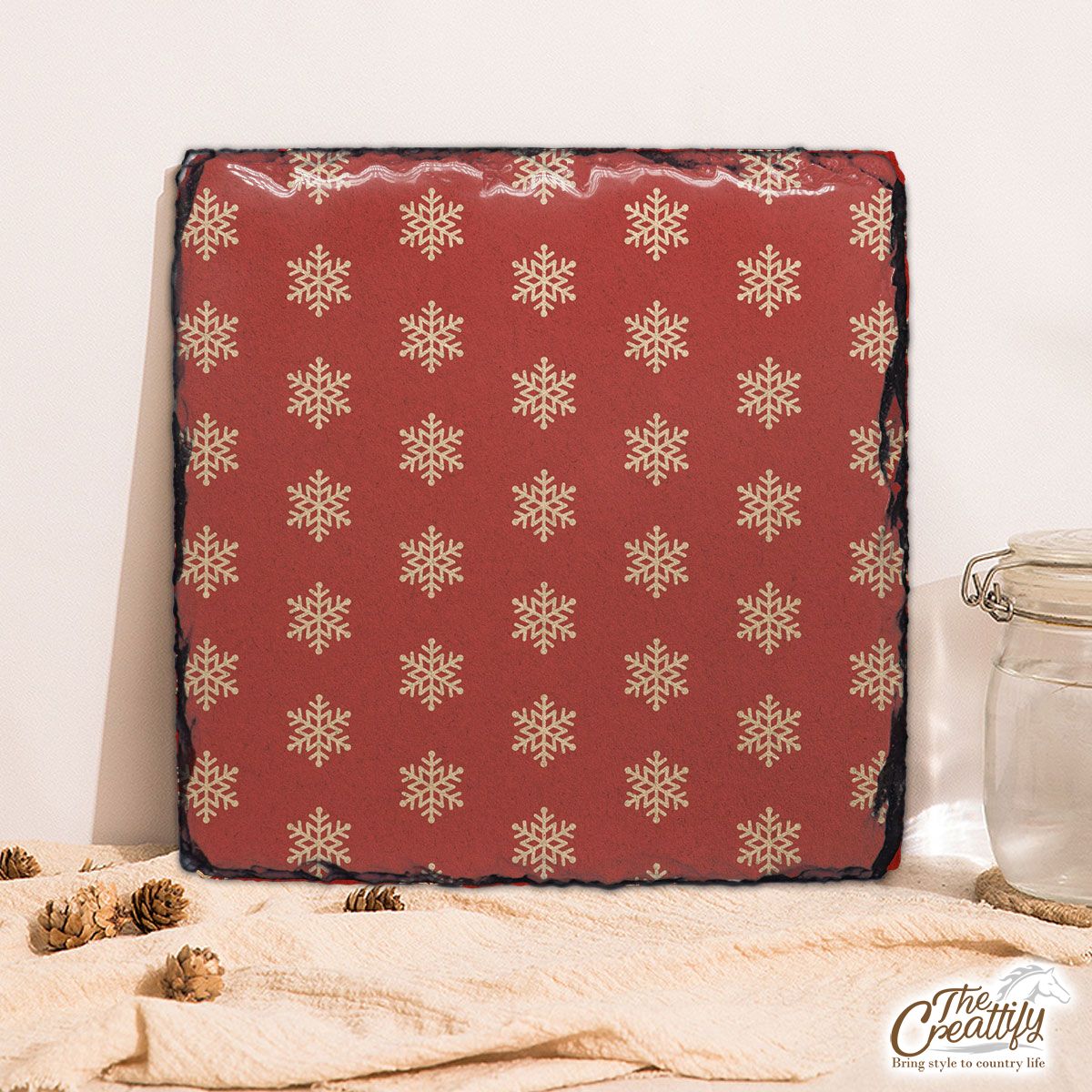 Snowflake Pattern, Christmas Snowflakes, Christmas Present Ideas On Red Background Square Lithograph