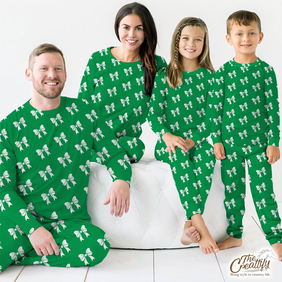 Christmas Bow, Christmas Tree Bows On Green Pajamas