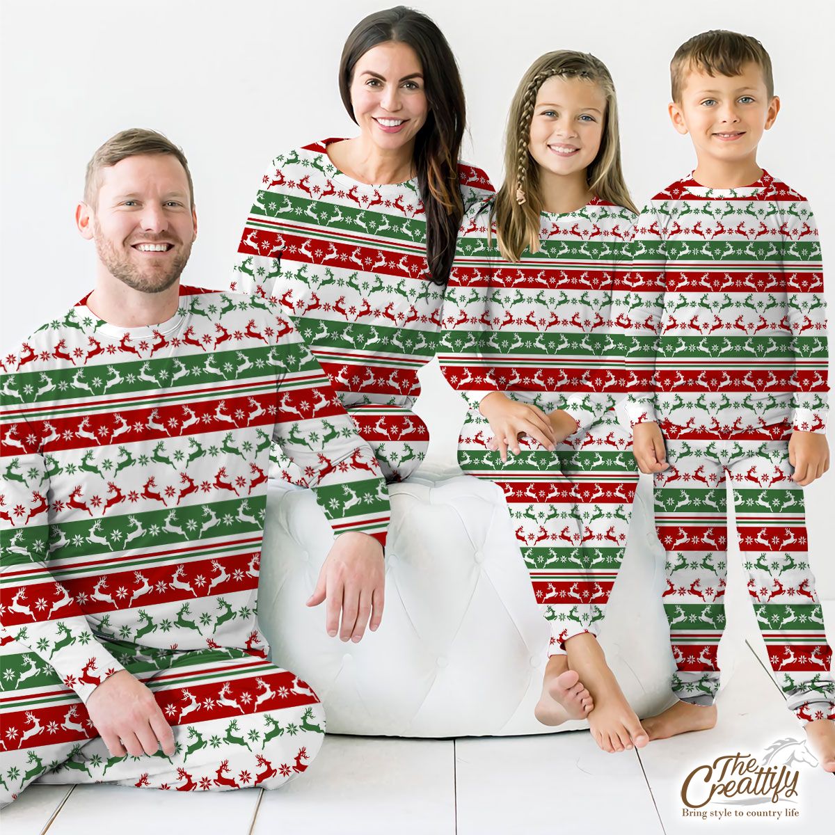 Red And Green Christmas Reindeer And Snowflake Pajamas