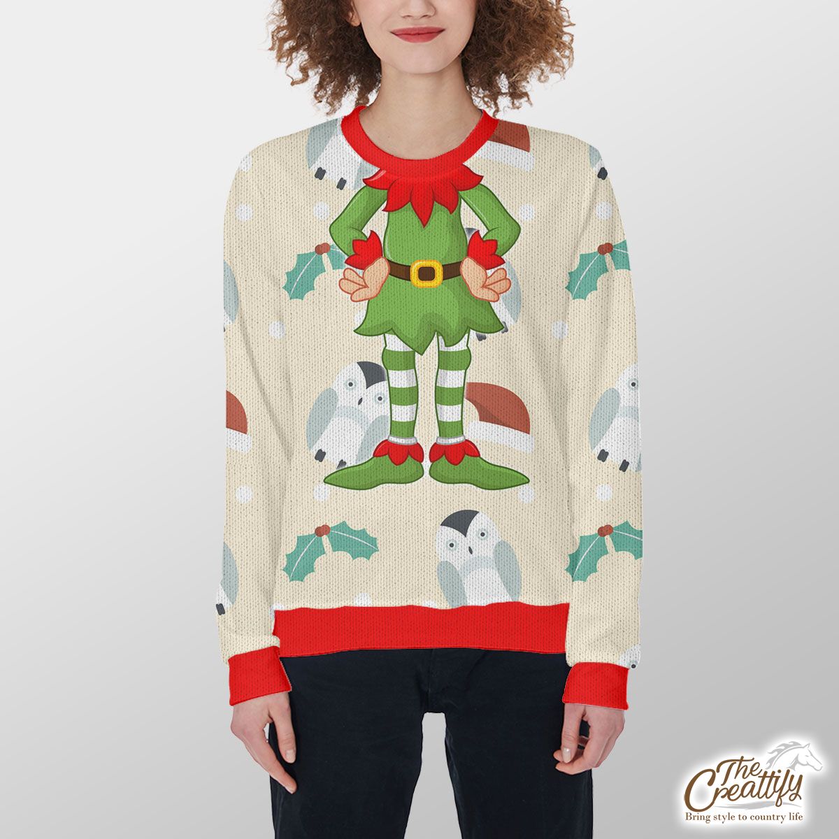 Christmas Penguins, Holly Leaf On Light Yellow Background Customized Ugly Sweater