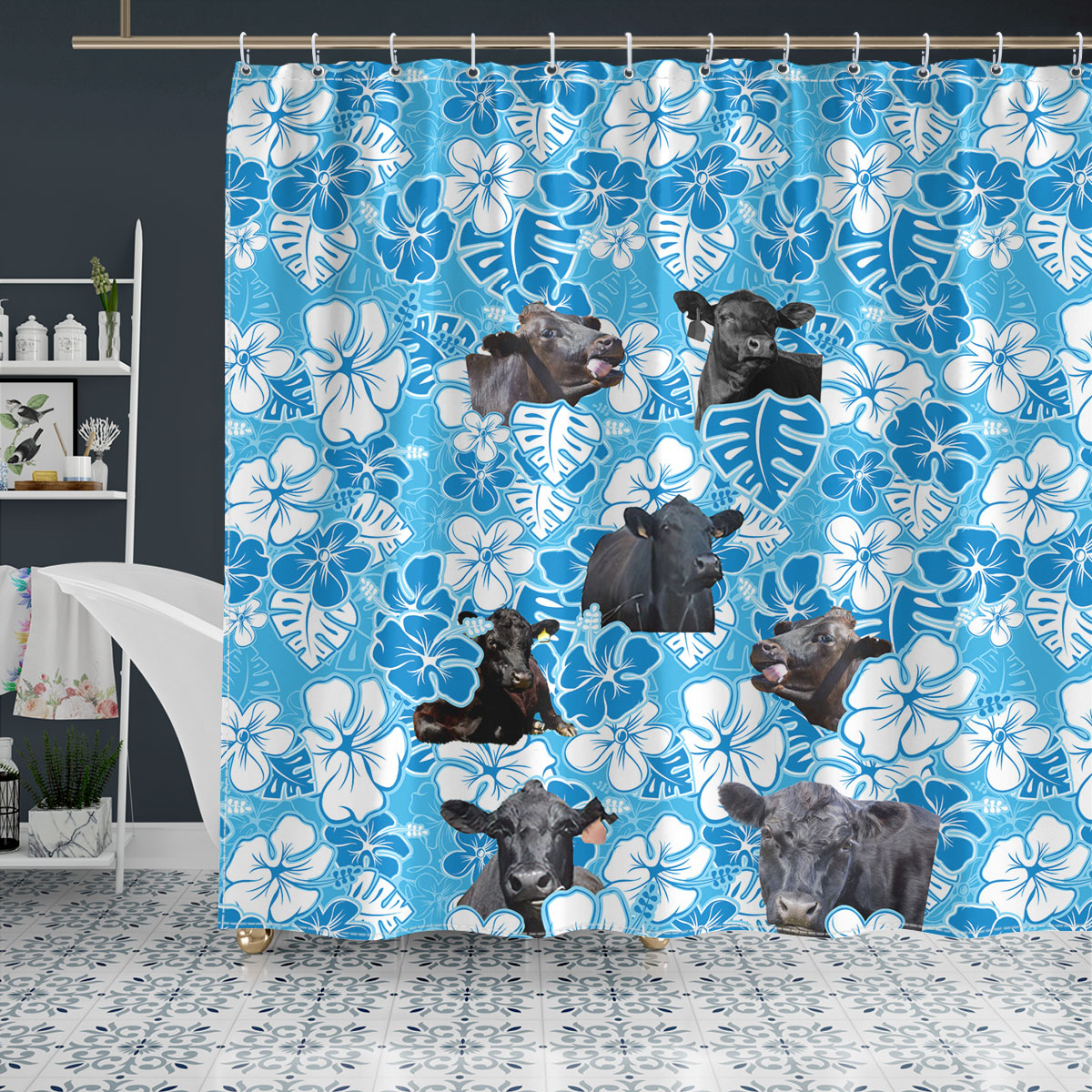 Black Angus Blue Floral Shower Curtain