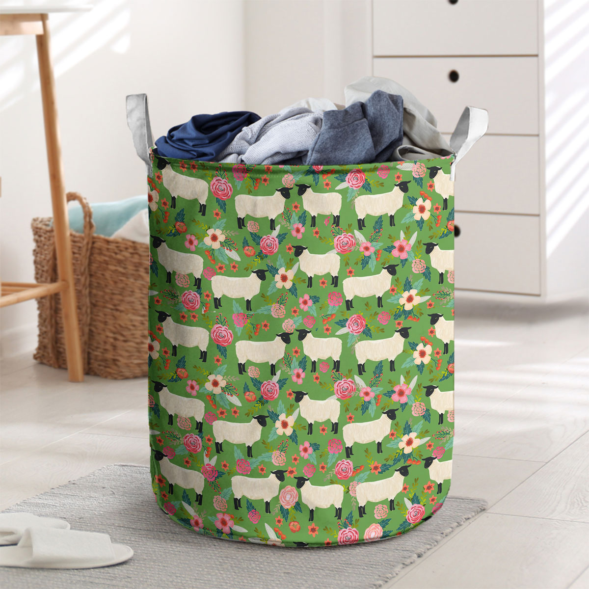 Sheep Floral Green Pattern Laundry Basket
