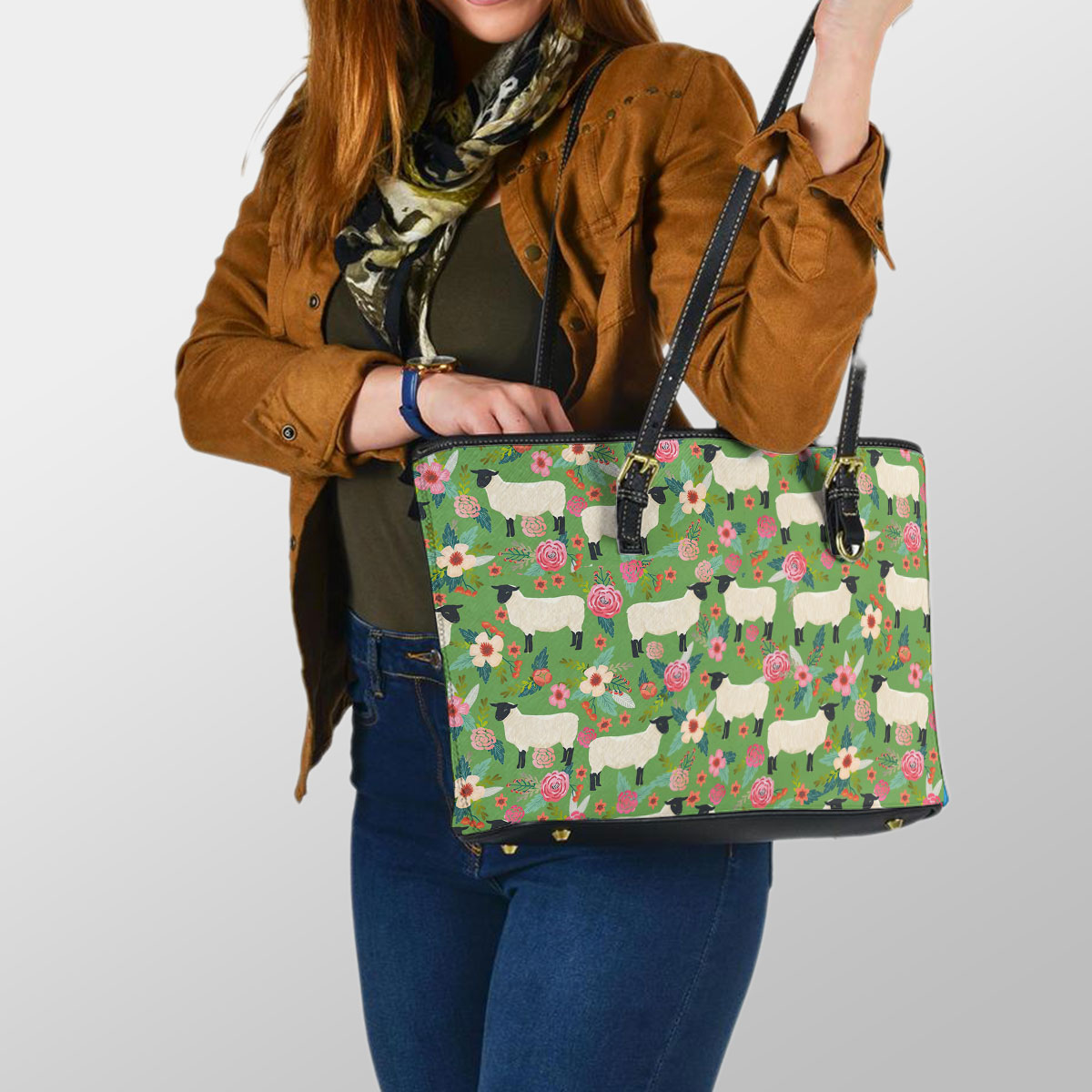 Sheep Floral Green Pattern Leather Tote Bag