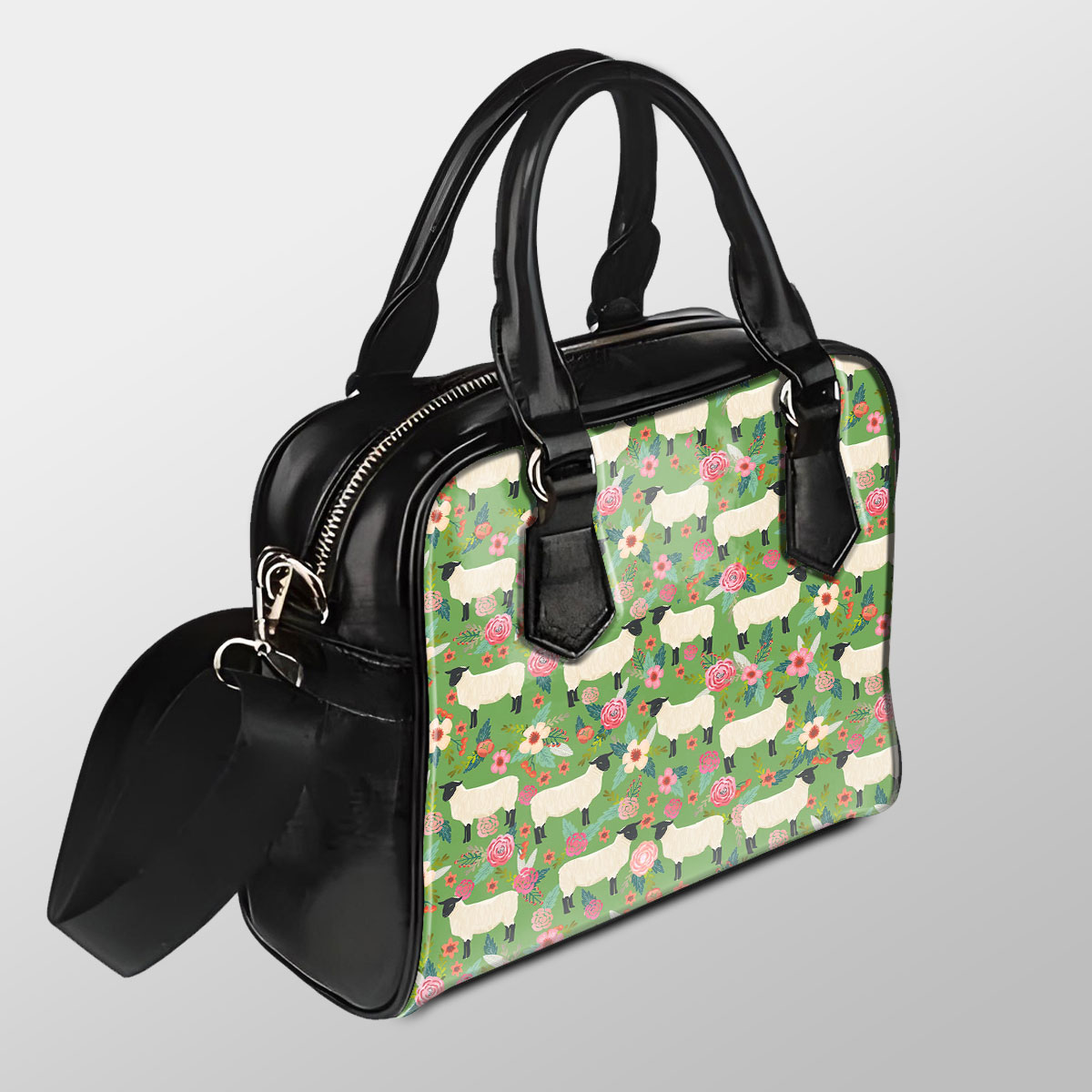 Sheep Floral Green Pattern Pu Shoulder Handbag