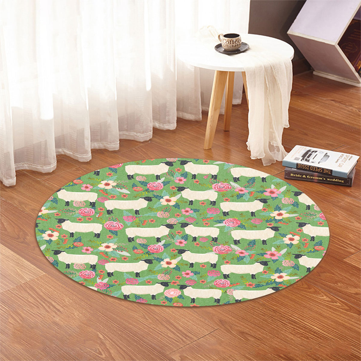 Sheep Floral Green Pattern Round Rug