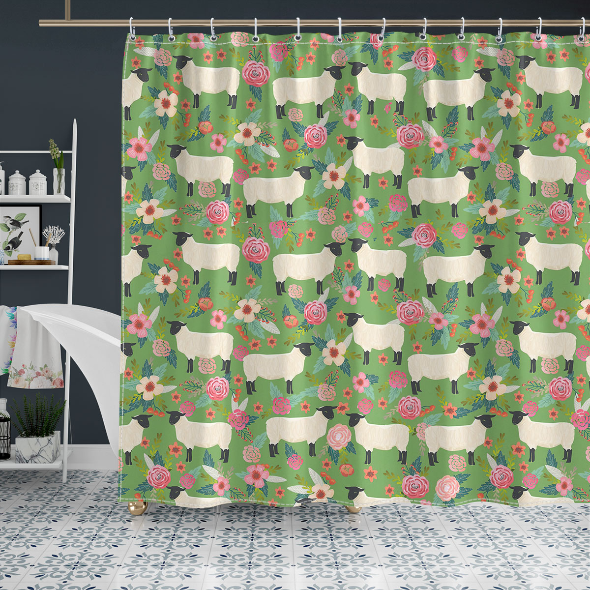 Sheep Floral Green Pattern Shower Curtain