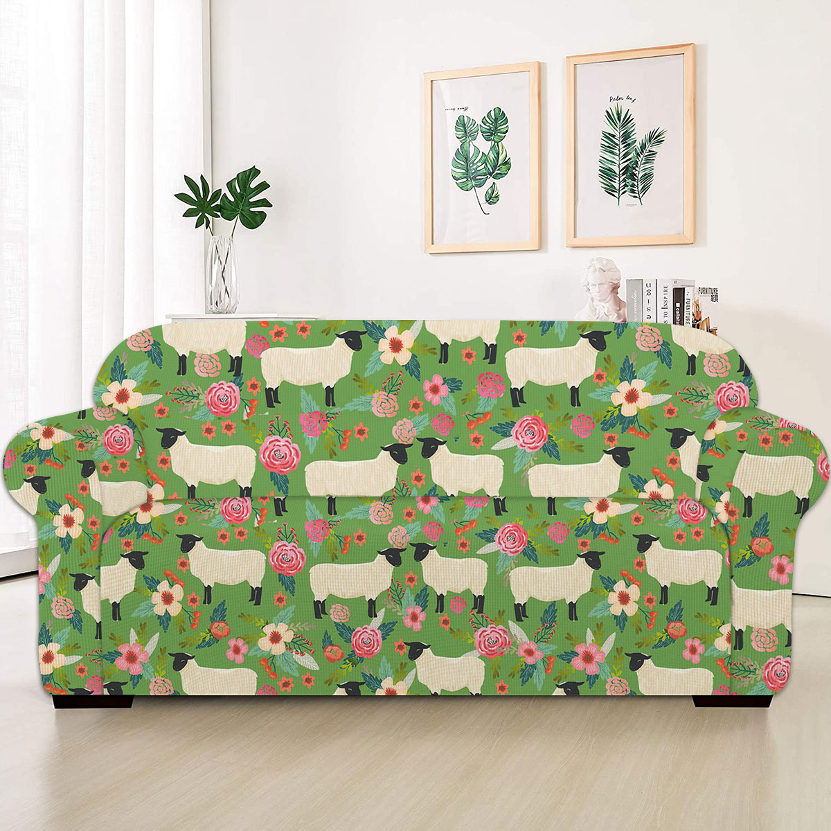 Sheep Floral Green Pattern Sofa Cover
