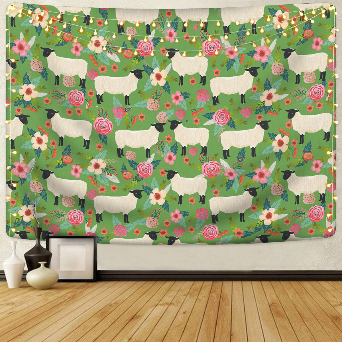 Sheep Floral Green Pattern Tapestry