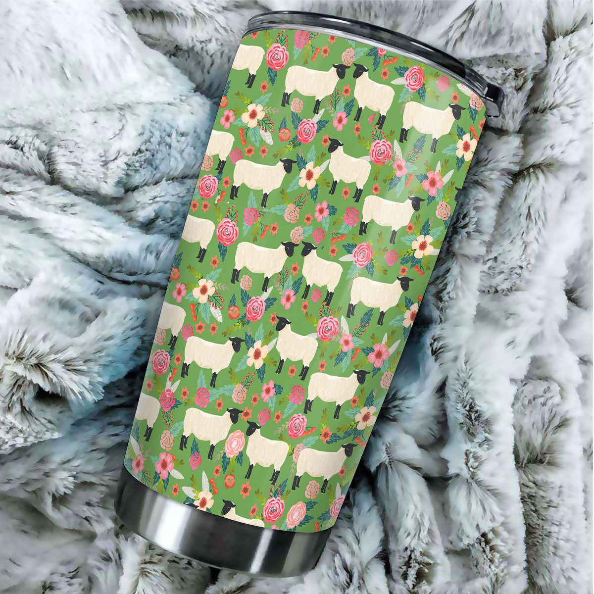 Sheep Floral Green Pattern Tumbler