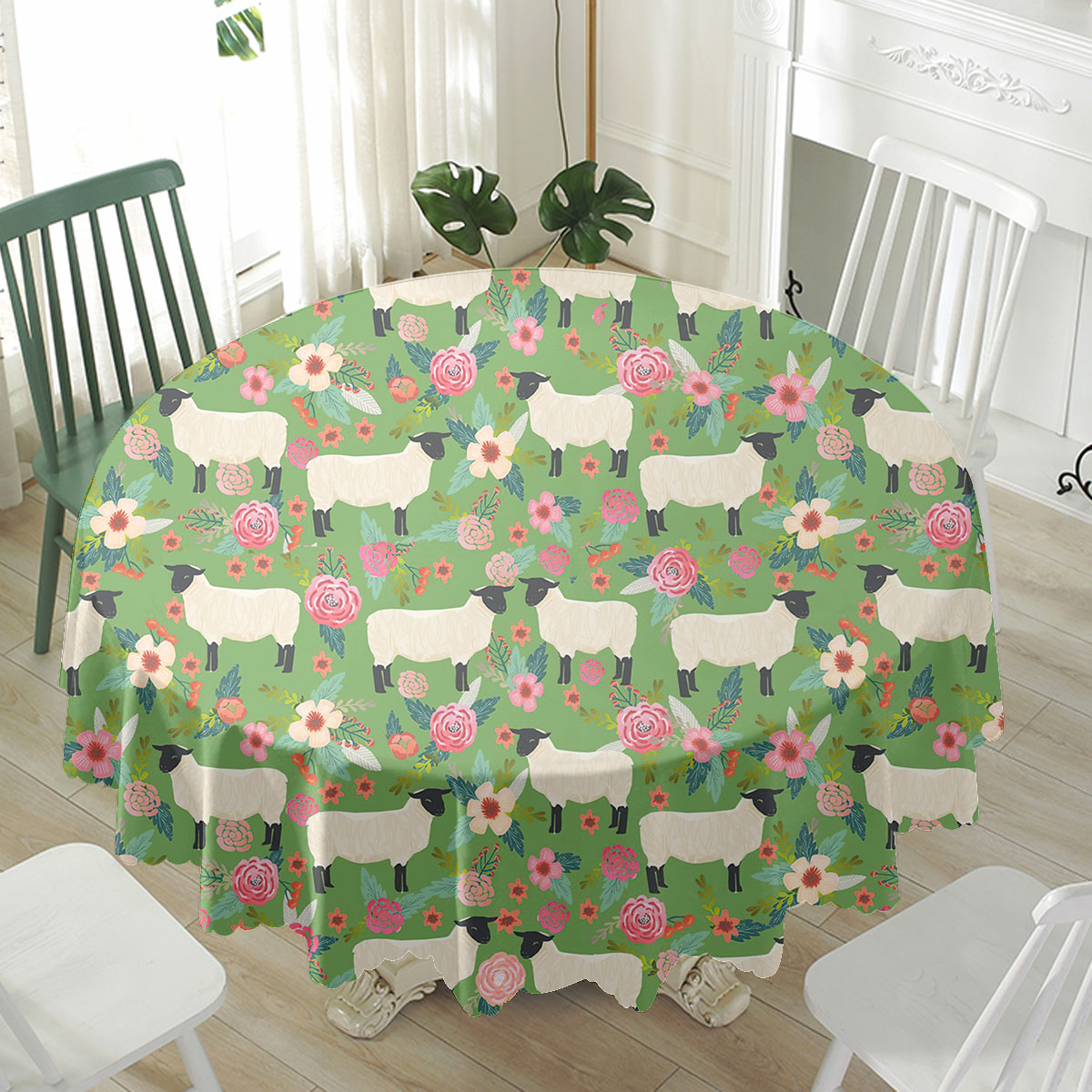 Sheep Floral Green Pattern Waterproof Tablecloth