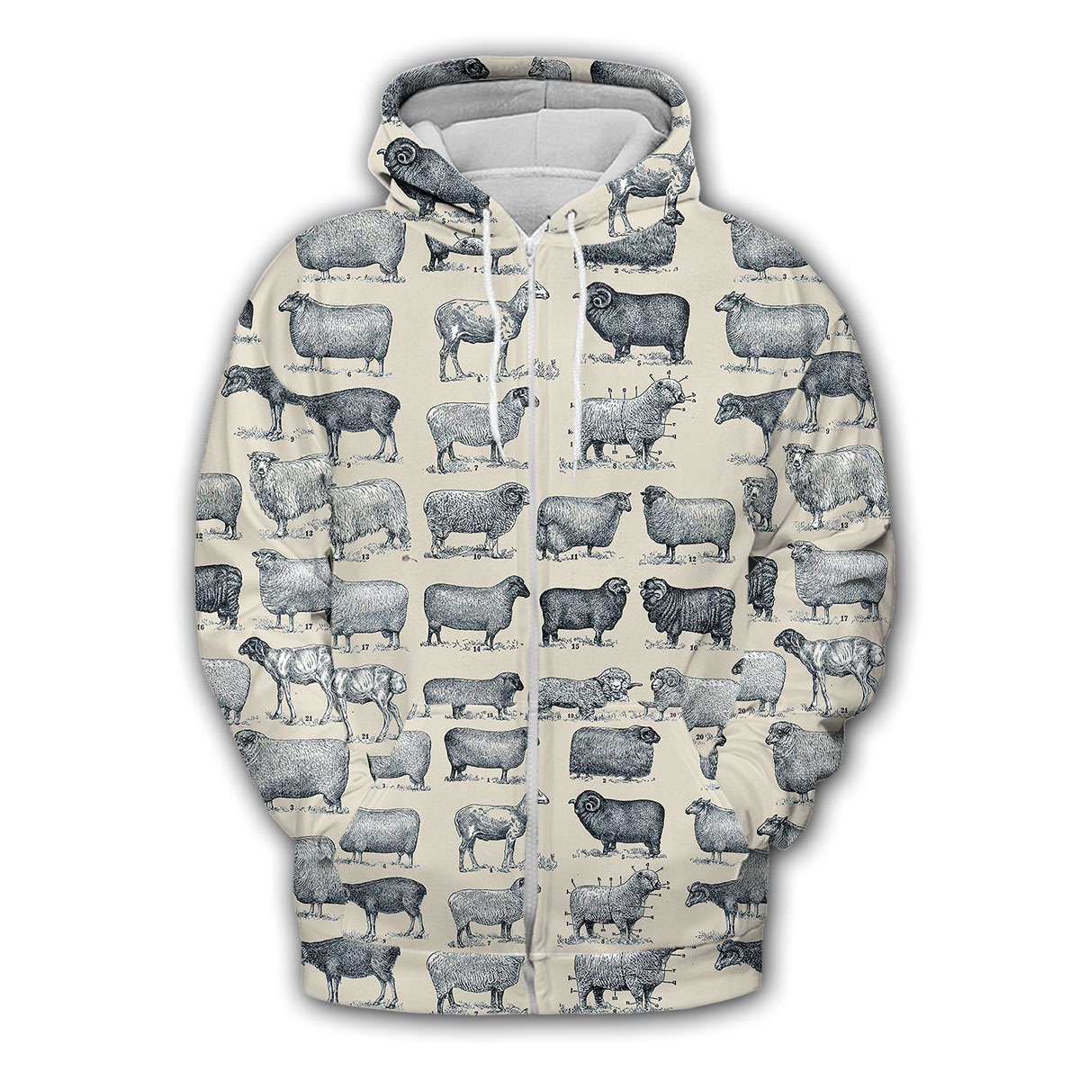 Sheep Breed Vintage Pattern Zip Hoodie