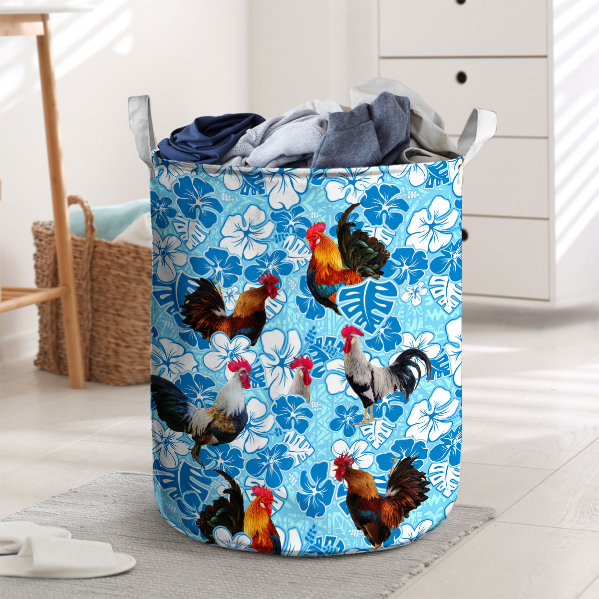 Chicken Blue Floral Laundry Basket