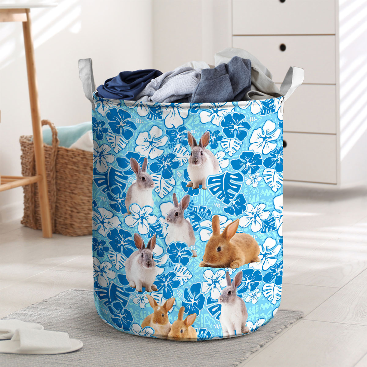 Rabbit Blue Floral Laundry Basket