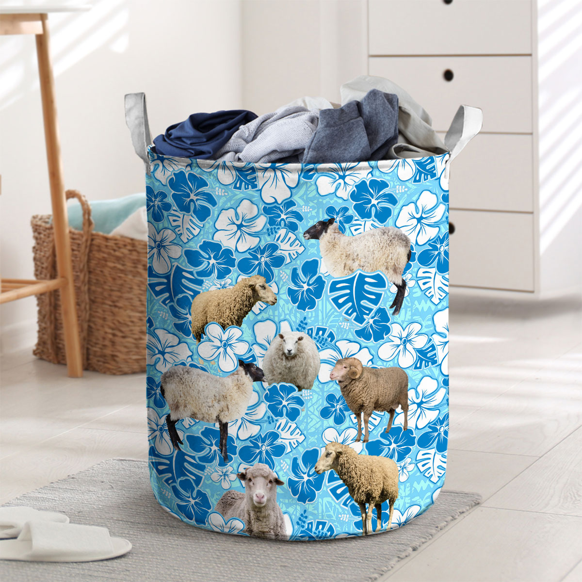 Sheep Blue Floral Laundry Basket