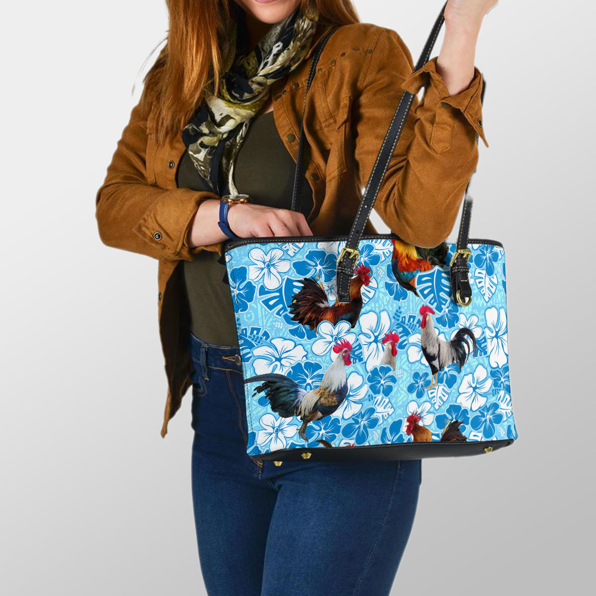 Chicken Blue Floral Leather Tote Bag
