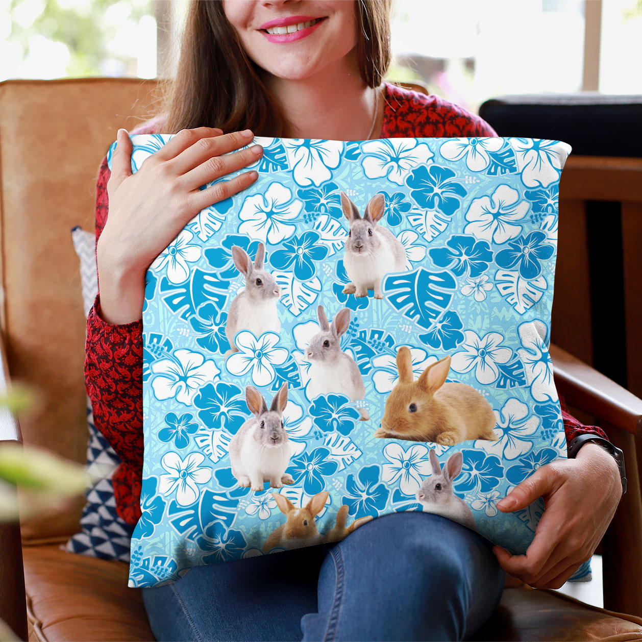 Rabbit Blue Floral Pillow Case