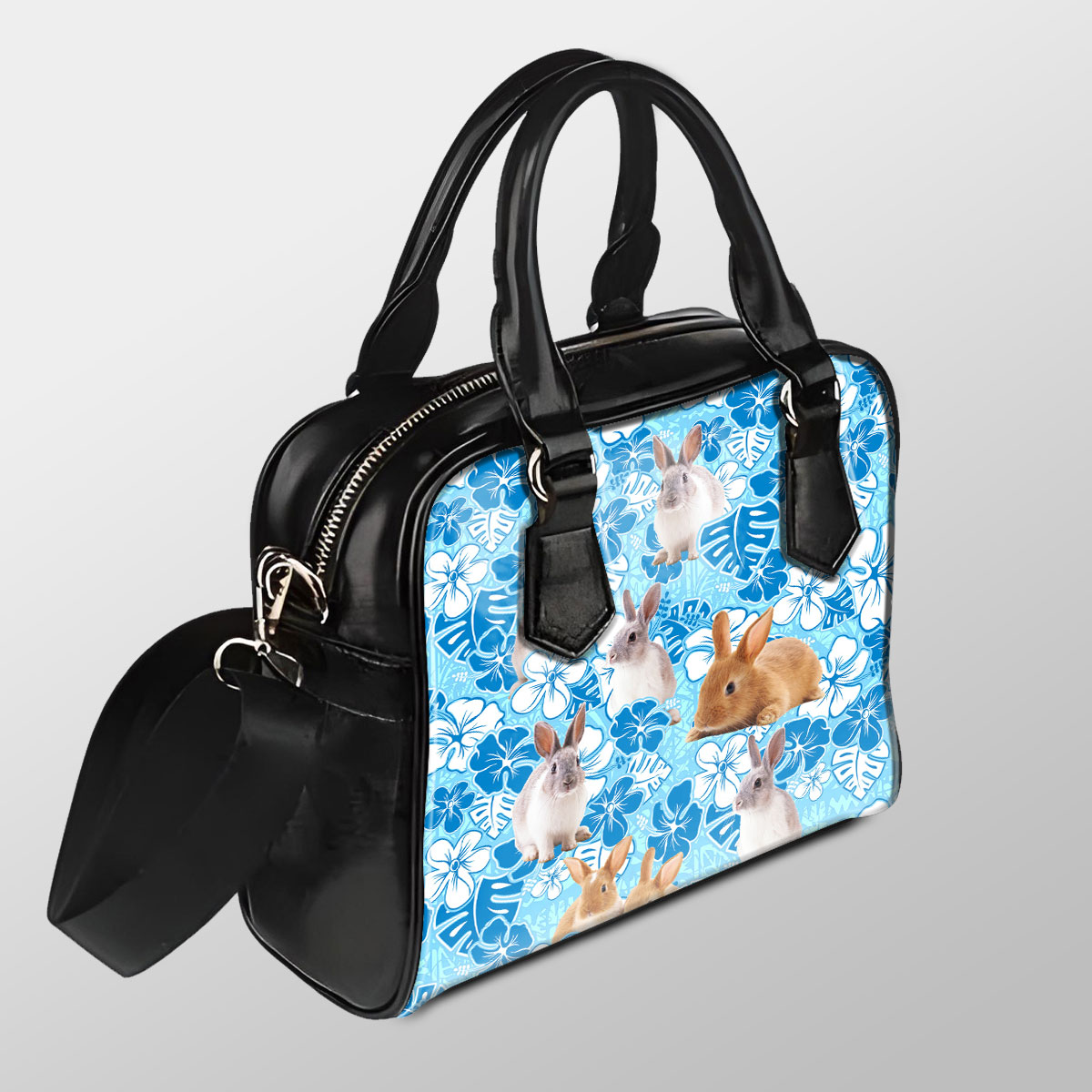 Rabbit Blue Floral Pu Shoulder Handbag