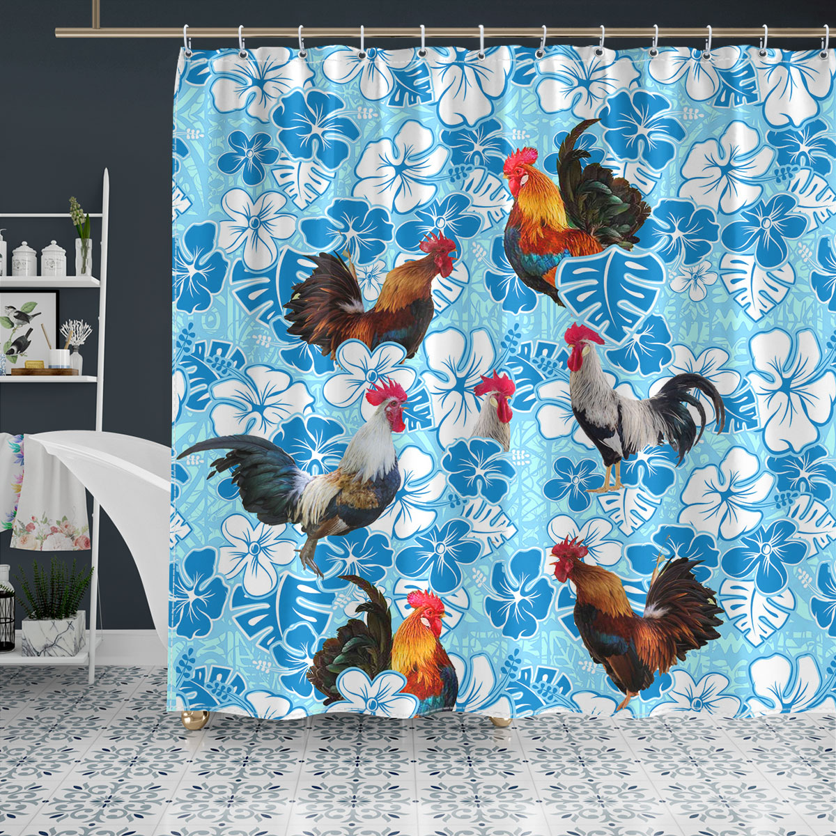 Chicken Blue Floral Shower Curtain