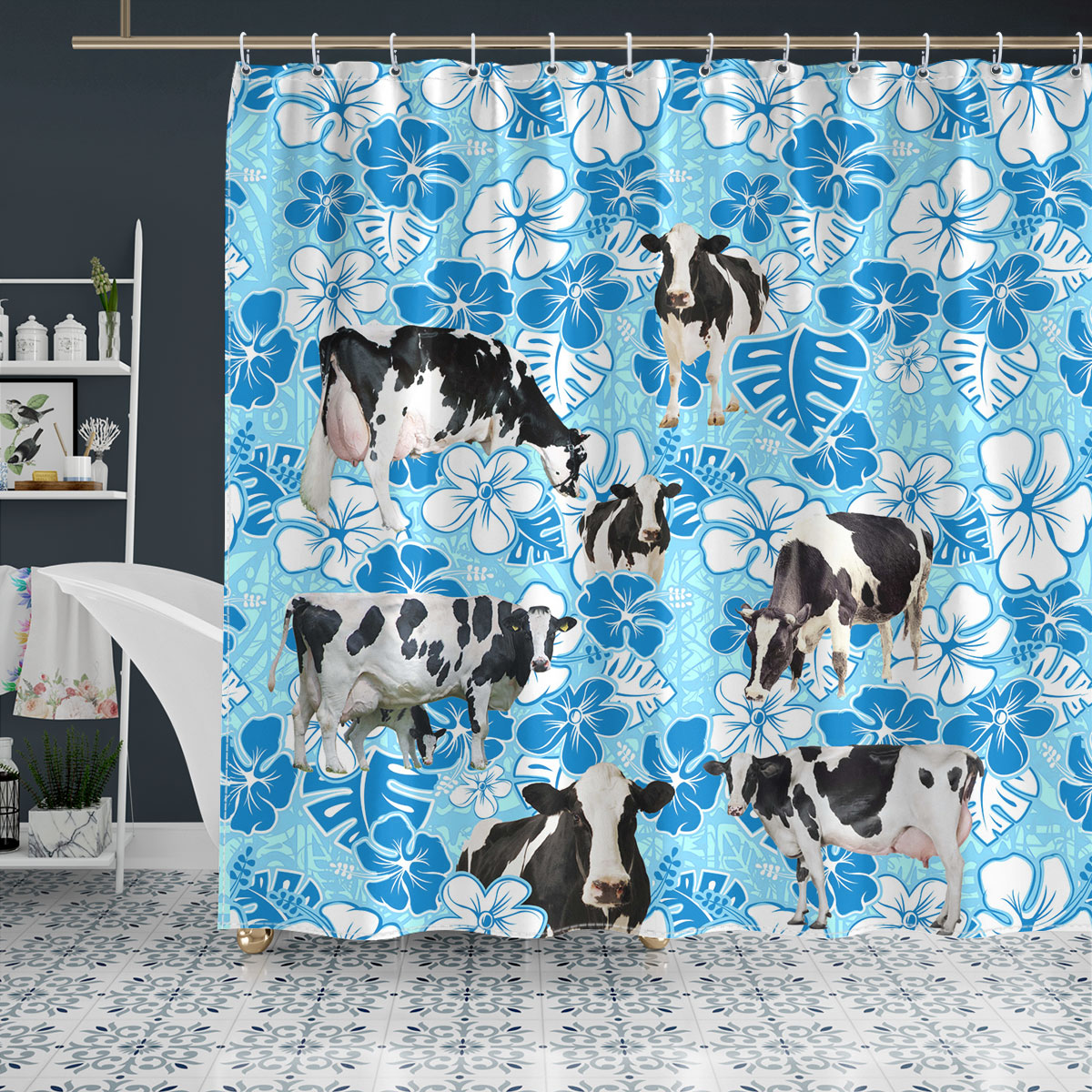 Hostein Blue Floral Shower Curtain
