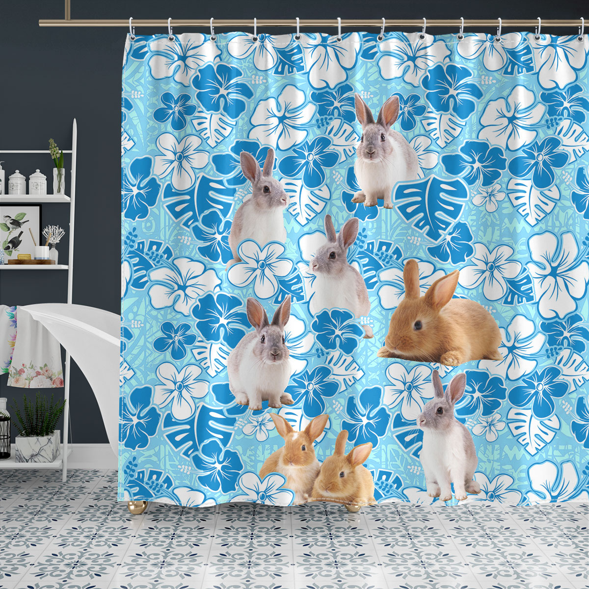 Rabbit Blue Floral Shower Curtain