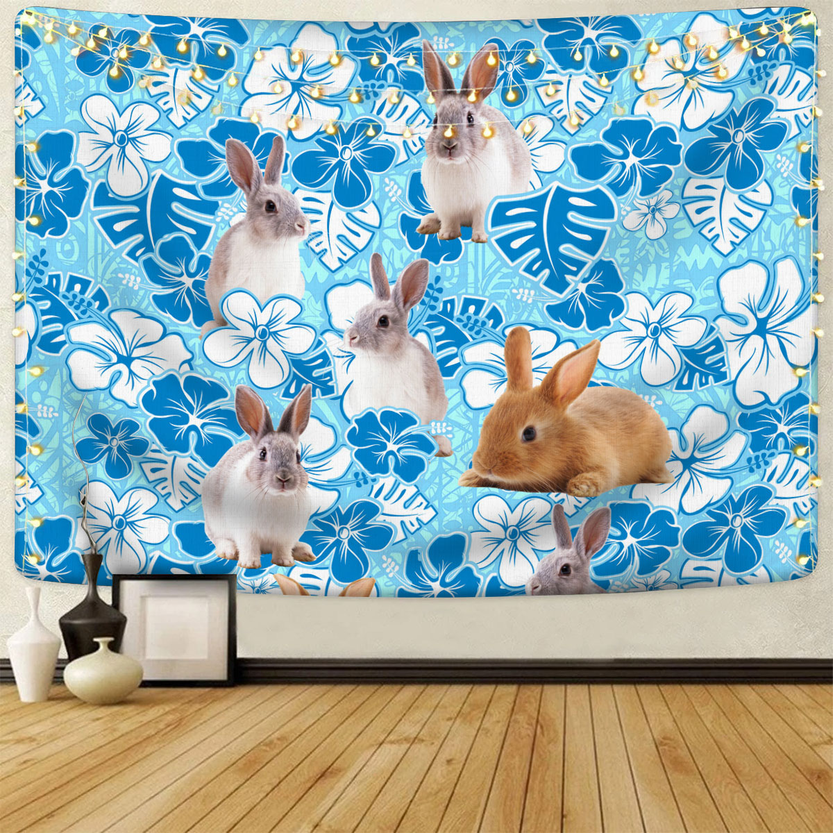 Rabbit Blue Floral Tapestry