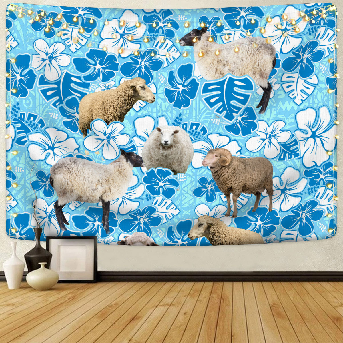 Sheep Blue Floral Tapestry