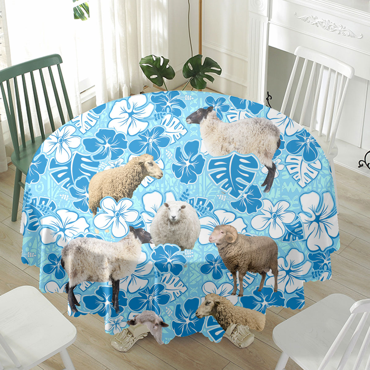 Sheep Blue Floral Waterproof Tablecloth