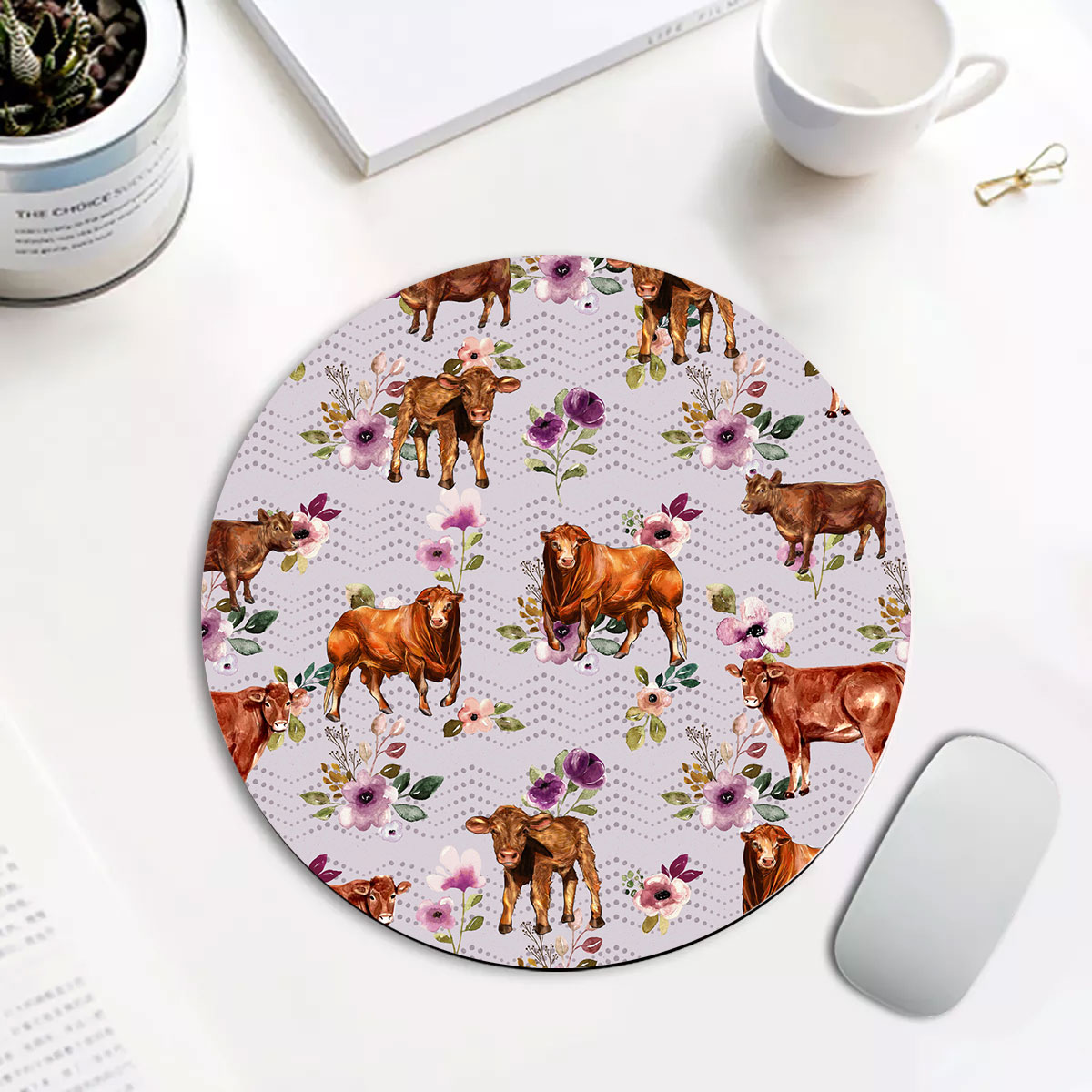 Beefmaster Autumn Amethyst Boho Floral Pattern Round Mouse Pad
