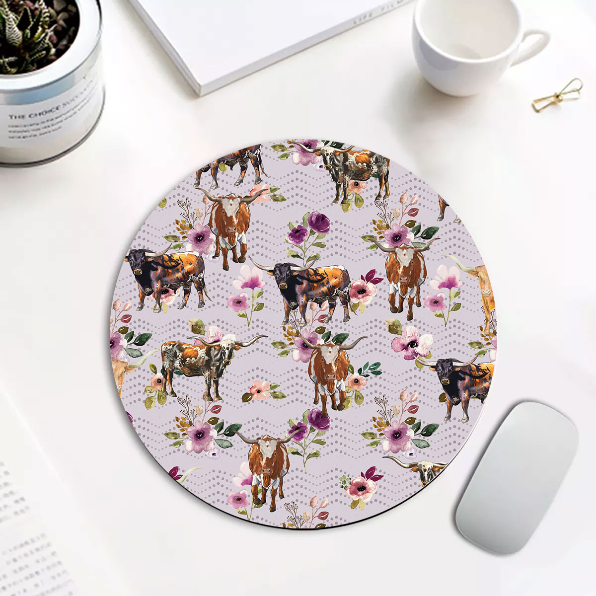 Texas Longhorn Autumn Amethyst Boho Floral Pattern Round Mouse Pad
