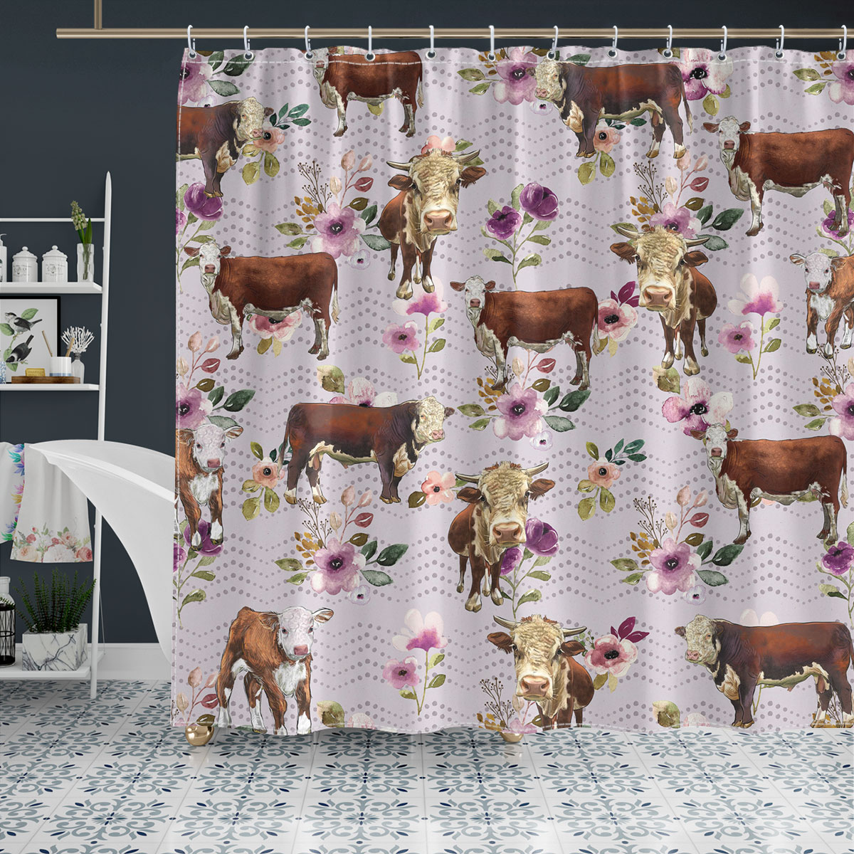 Hereford Autumn Amethyst Boho Floral Pattern Shower Curtain
