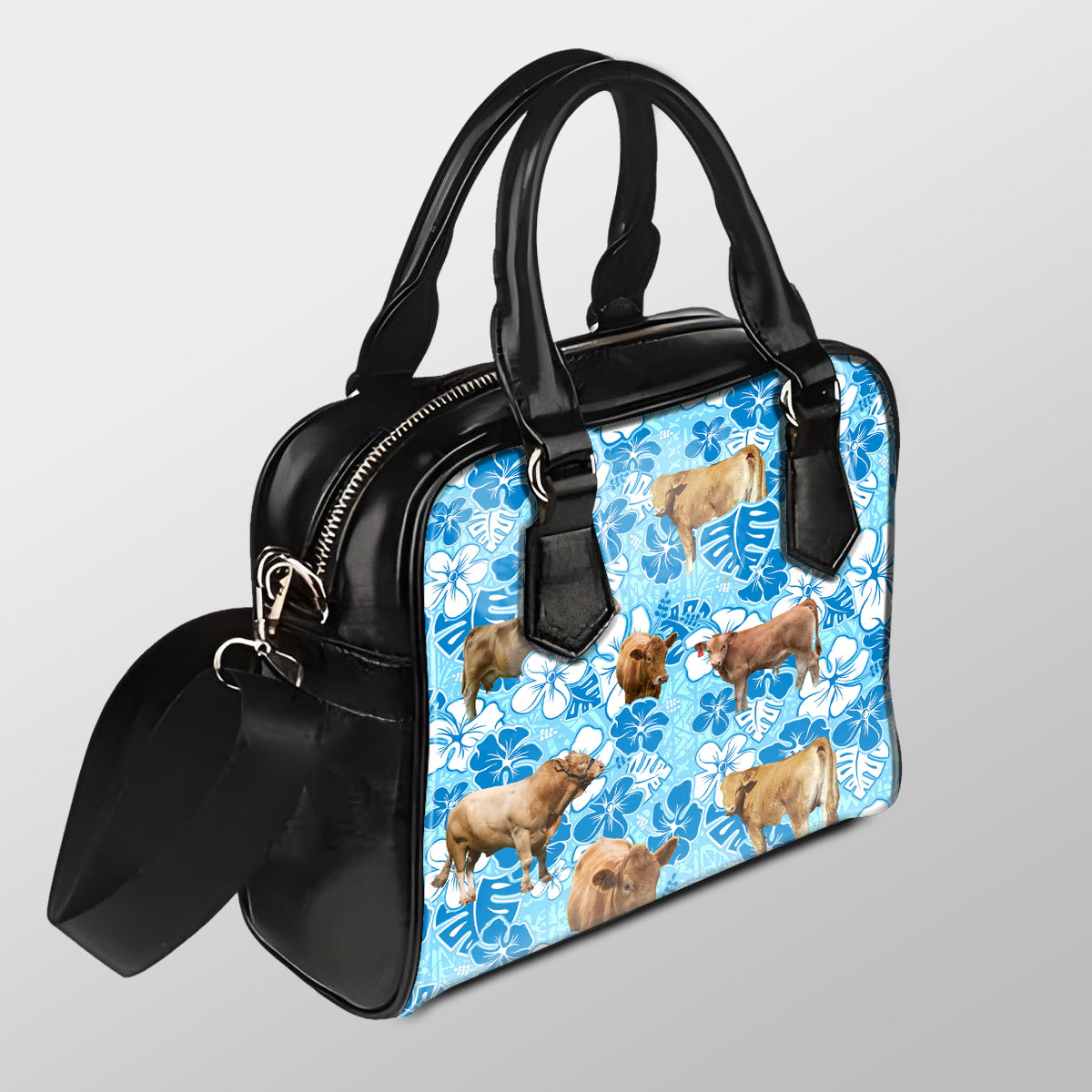 Gelbvieh Blue Floral Pu Shoulder Handbag