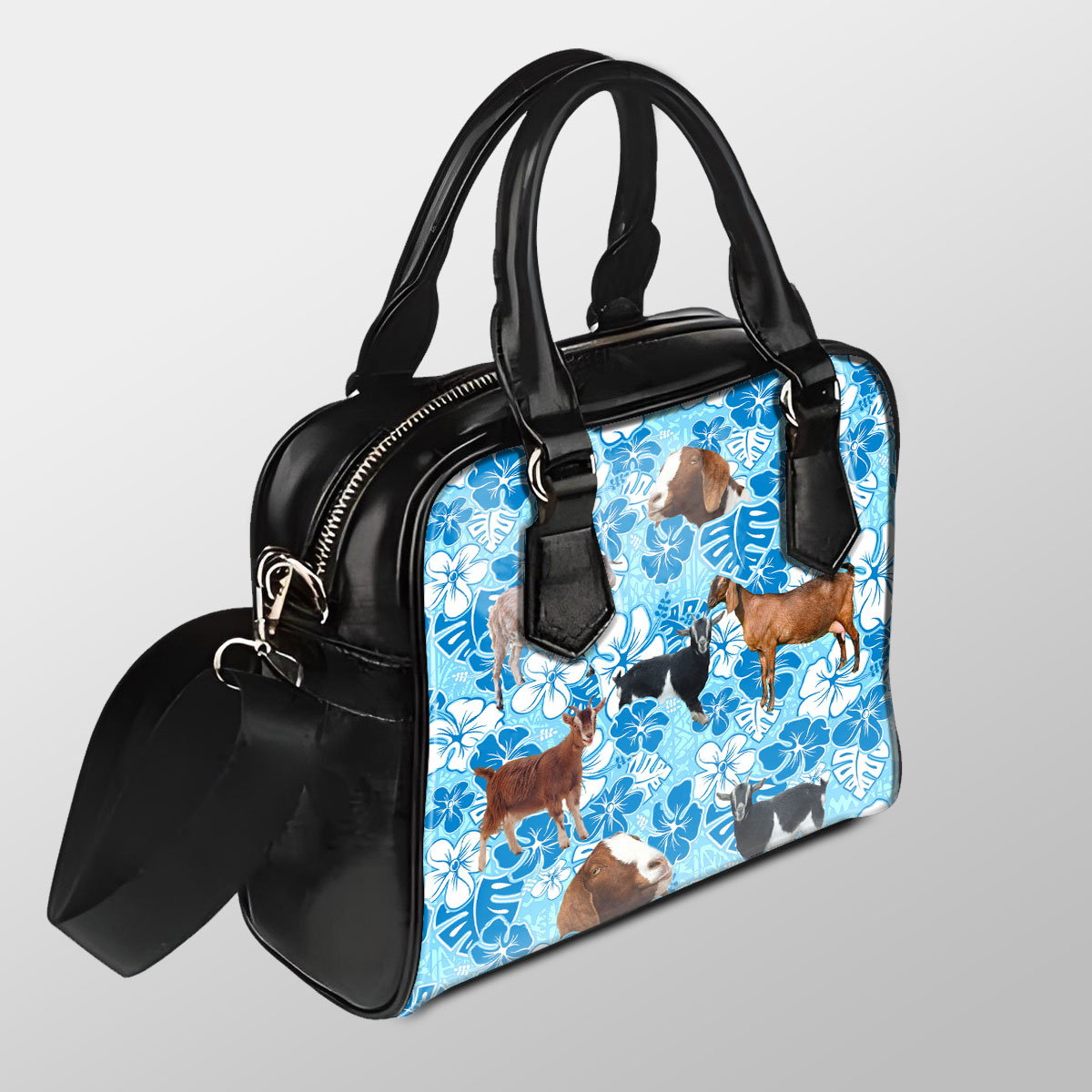 Nubian Goat Blue Floral Pu Shoulder Handbag