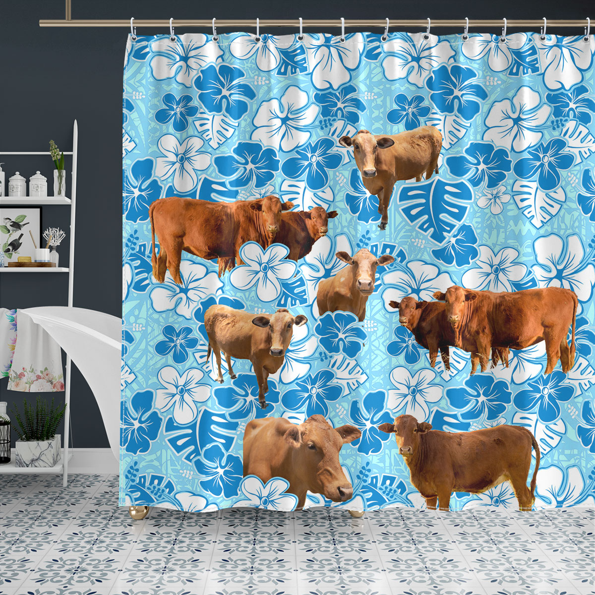 Beefmaster Blue Floral Shower Curtain