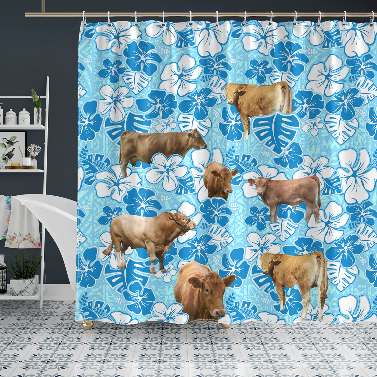 Gelbvieh Blue Floral Shower Curtain
