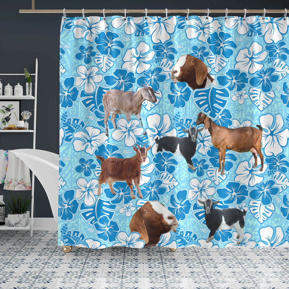 Nubian Goat Blue Floral Shower Curtain