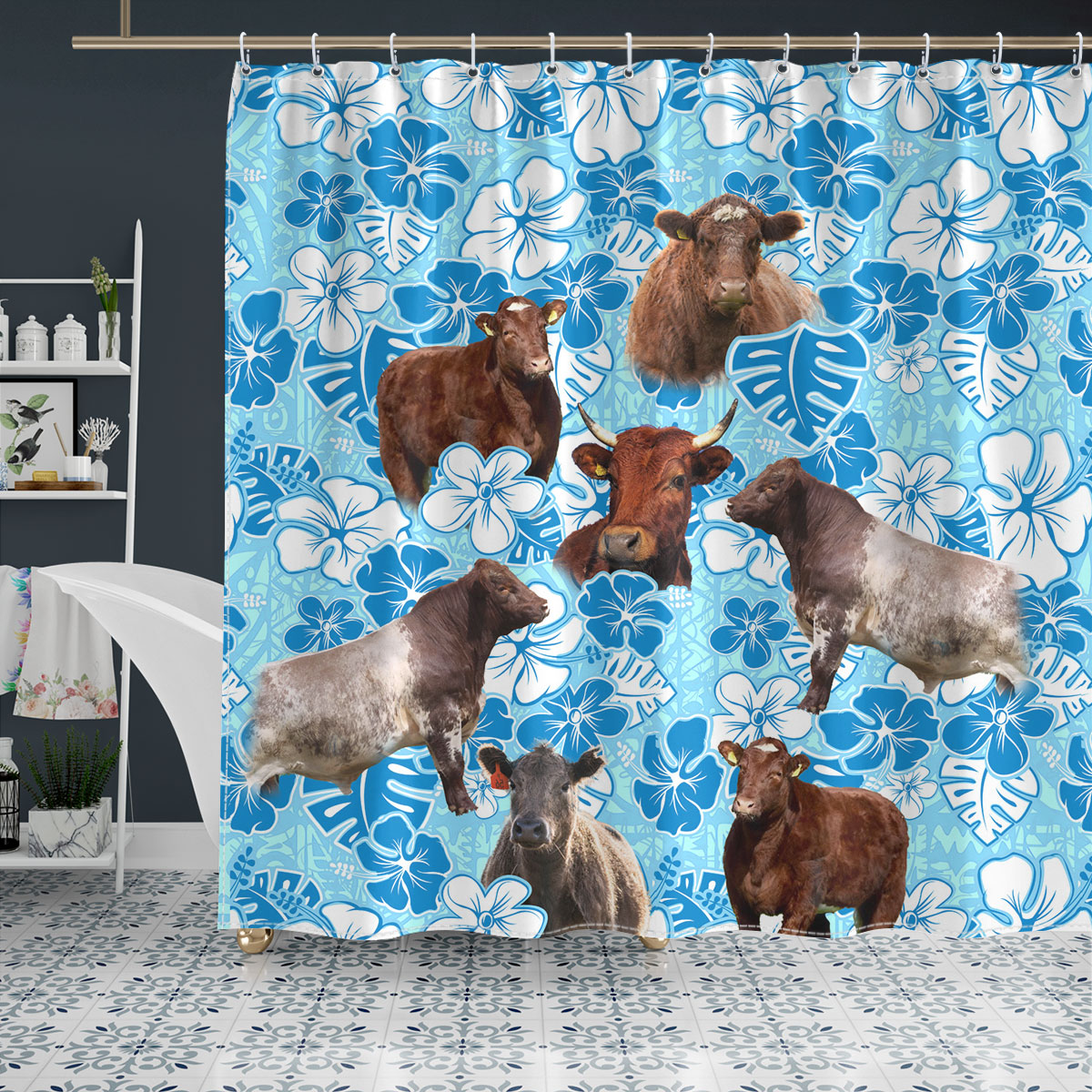 Shorthorn Blue Floral Shower Curtain