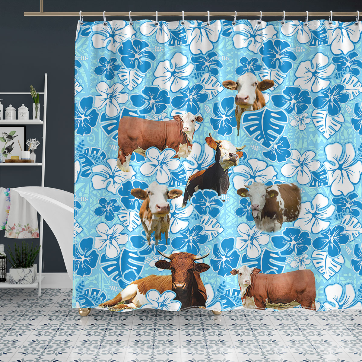 Simmental Blue Floral Shower Curtain