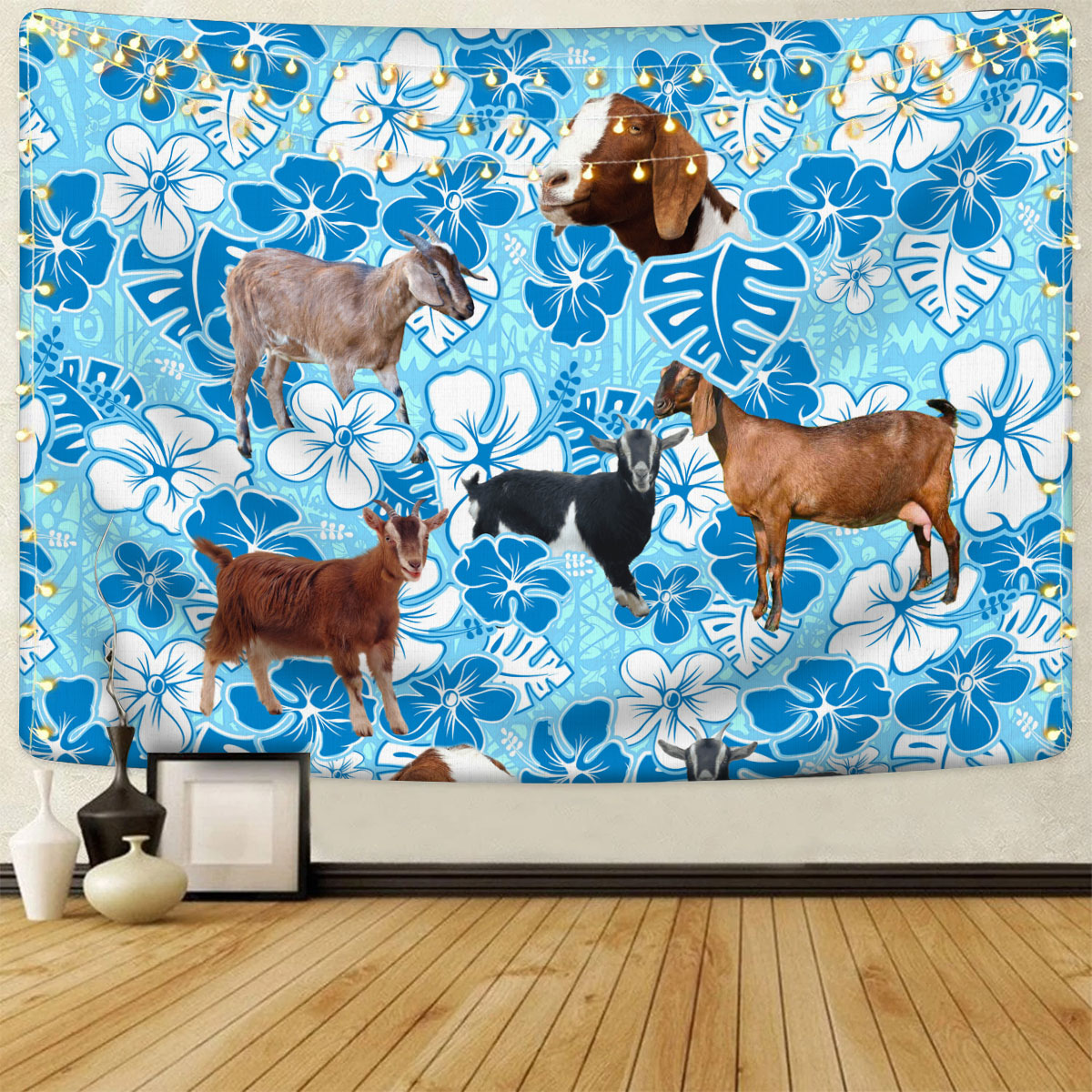 Nubian Goat Blue Floral Tapestry
